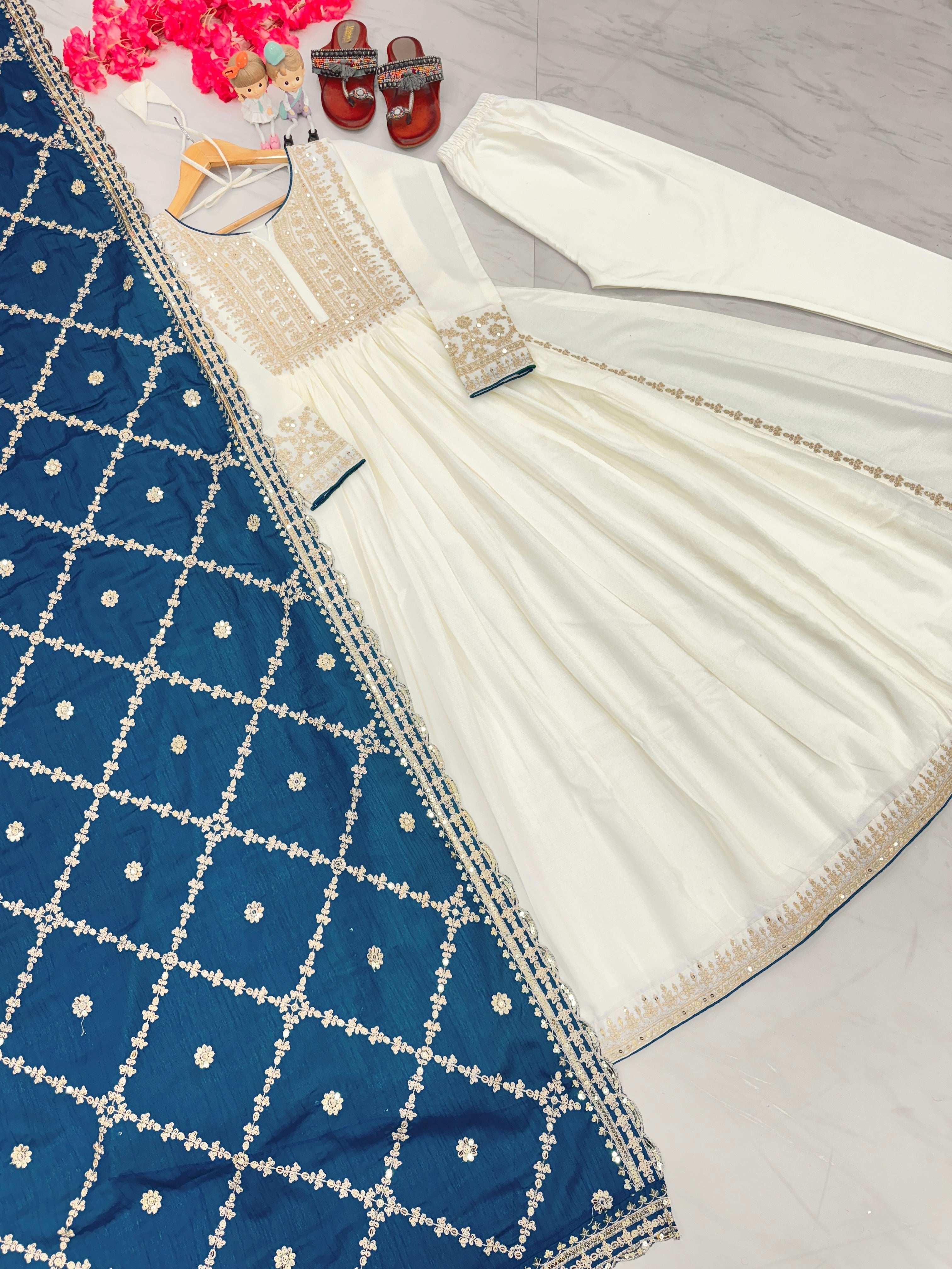 Magnificent Pure Chinon Silk Sequins Embroidered Anarkali Pant Suit - Ethnicwish