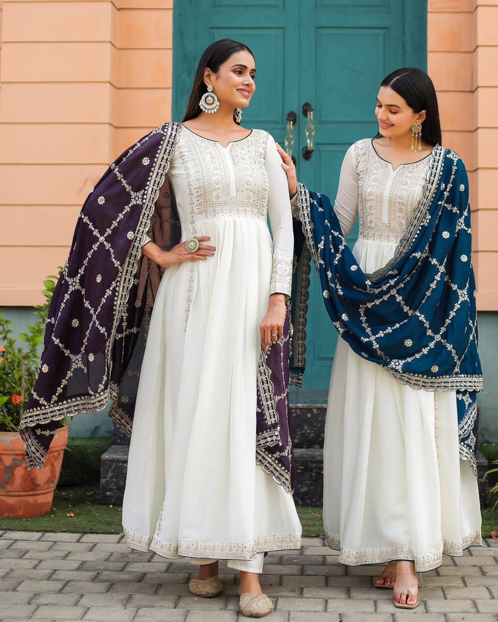 Magnificent Pure Chinon Silk Sequins Embroidered Anarkali Pant Suit - Ethnicwish