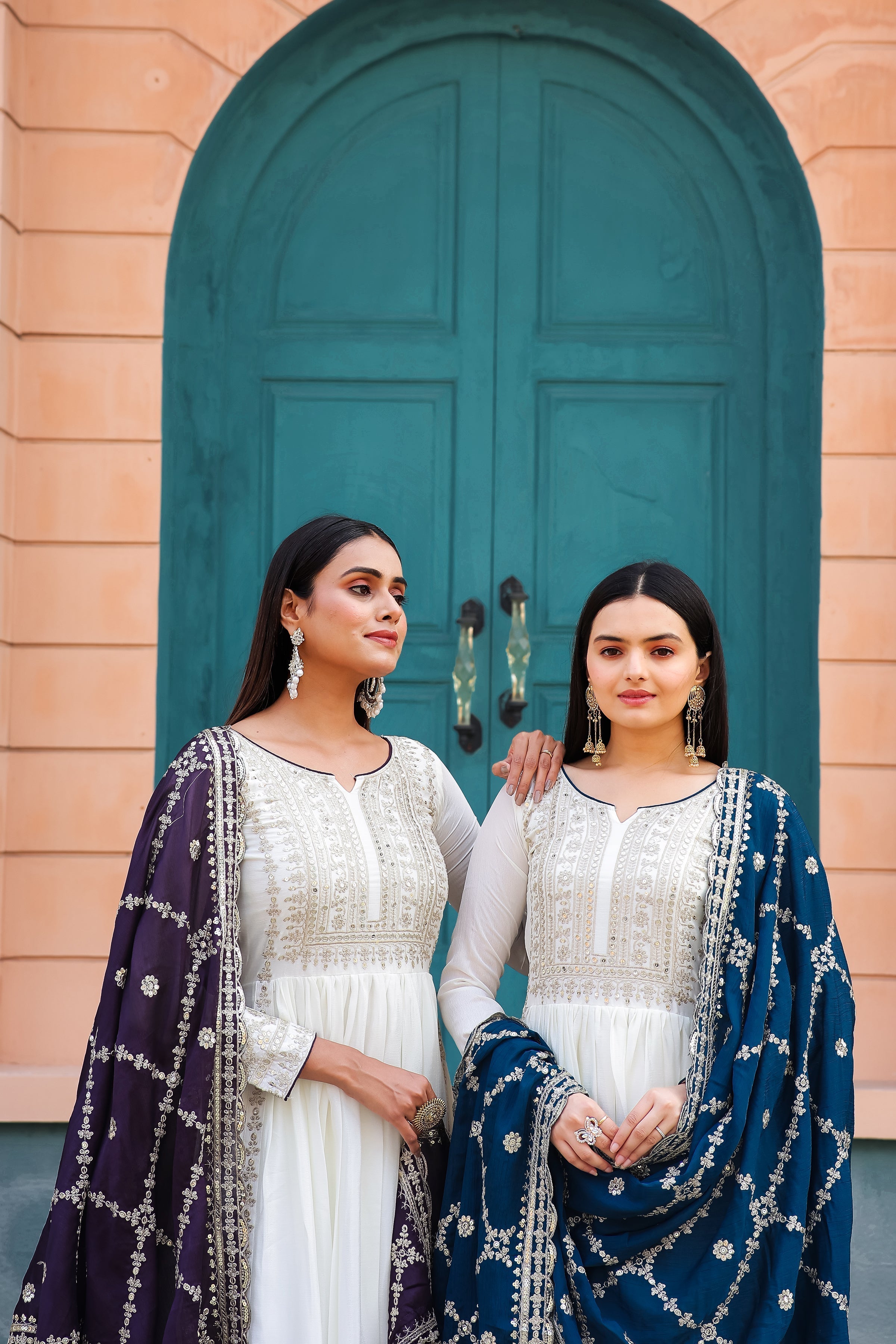 Magnificent Pure Chinon Silk Sequins Embroidered Anarkali Pant Suit - Ethnicwish