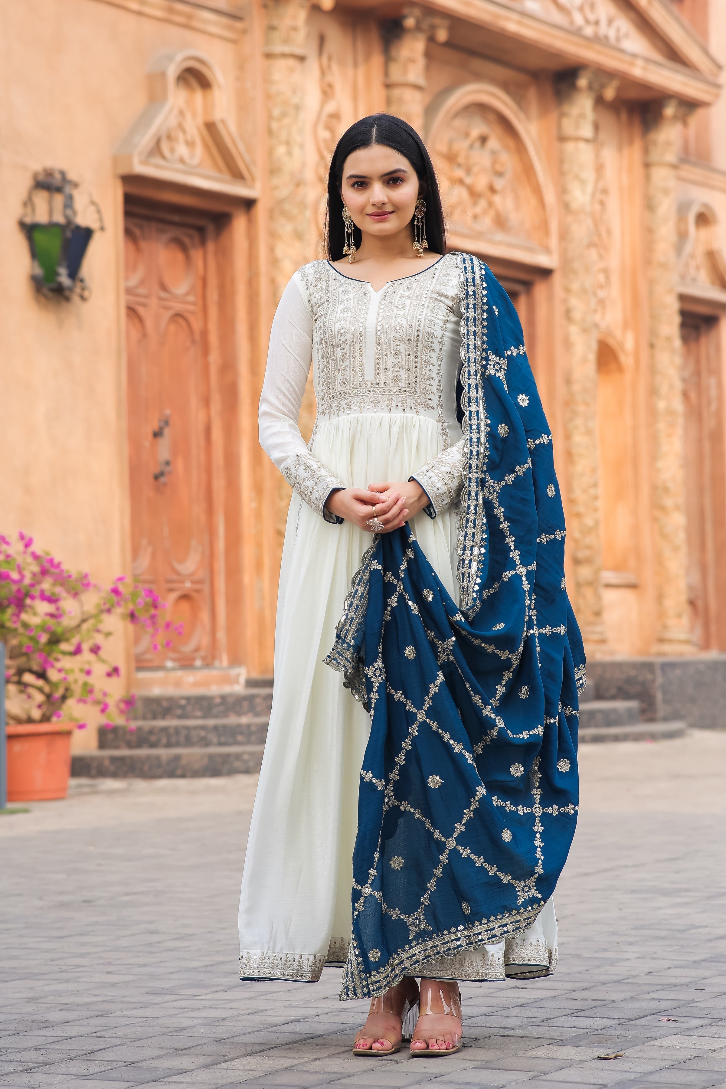 Magnificent Pure Chinon Silk Sequins Embroidered Anarkali Pant Suit - Ethnicwish
