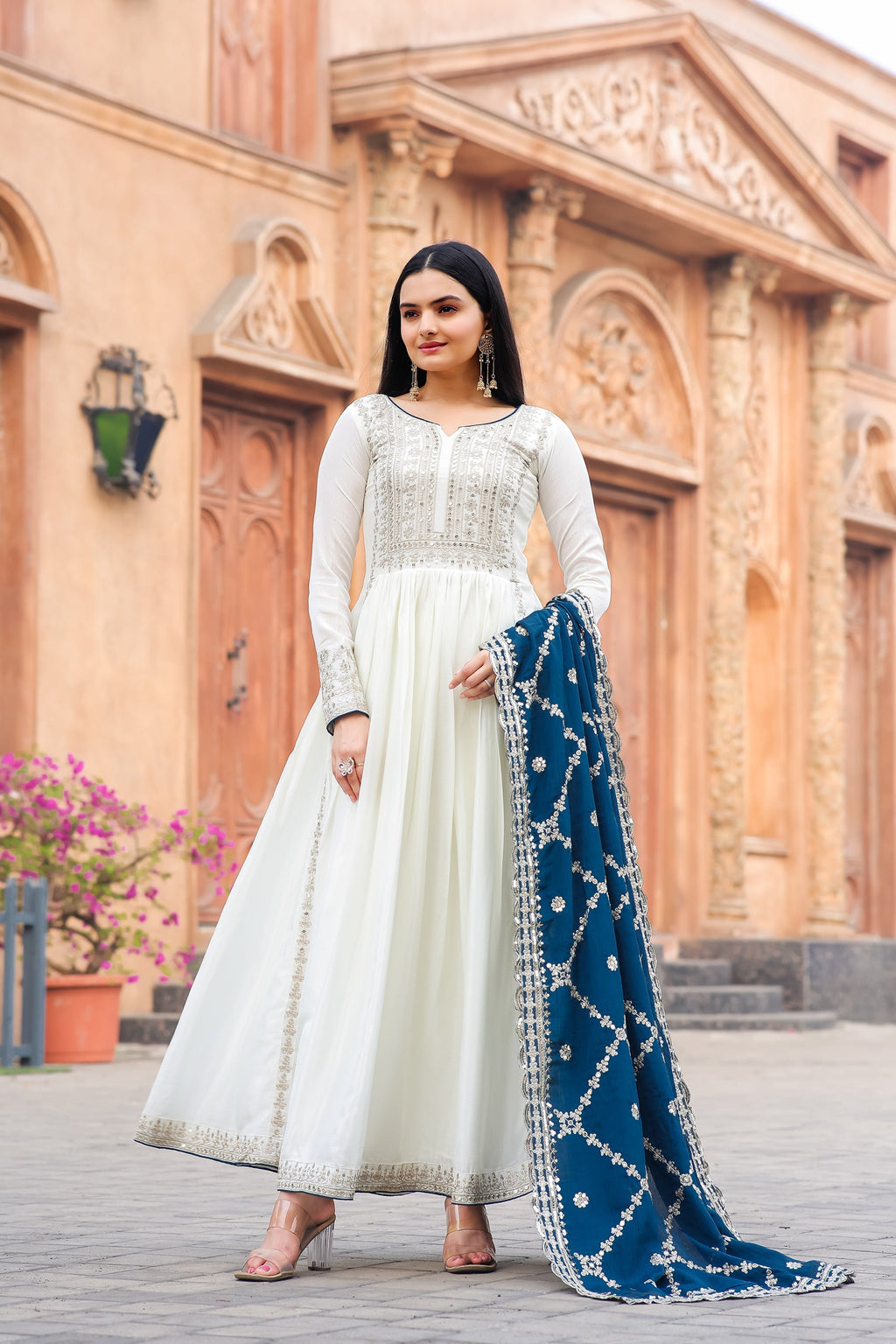 Magnificent Pure Chinon Silk Sequins Embroidered Anarkali Pant Suit - Ethnicwish