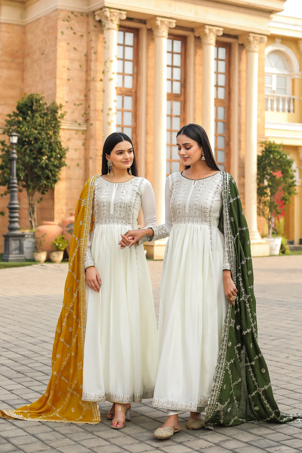 Magnificent Pure Chinon Silk Sequins Embroidered Anarkali Pant Suit - Ethnicwish