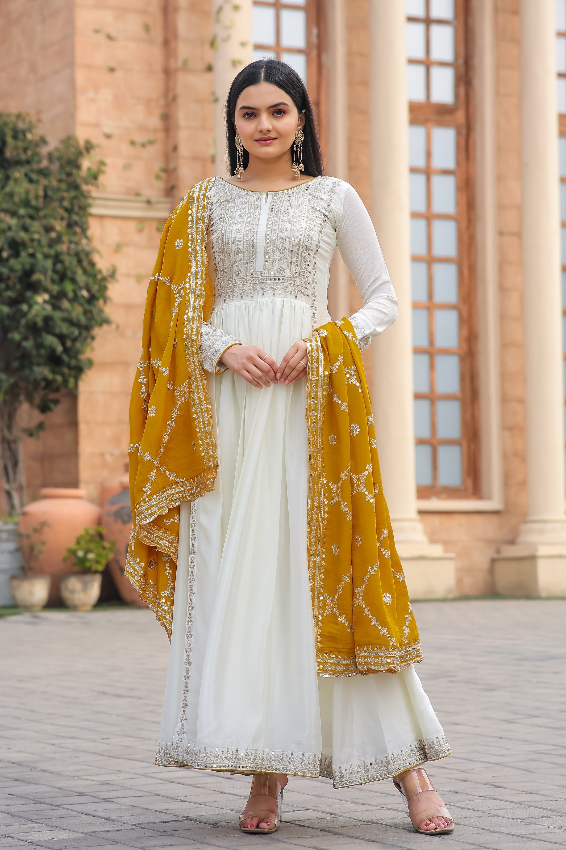 Magnificent Pure Chinon Silk Sequins Embroidered Anarkali Pant Suit - Ethnicwish