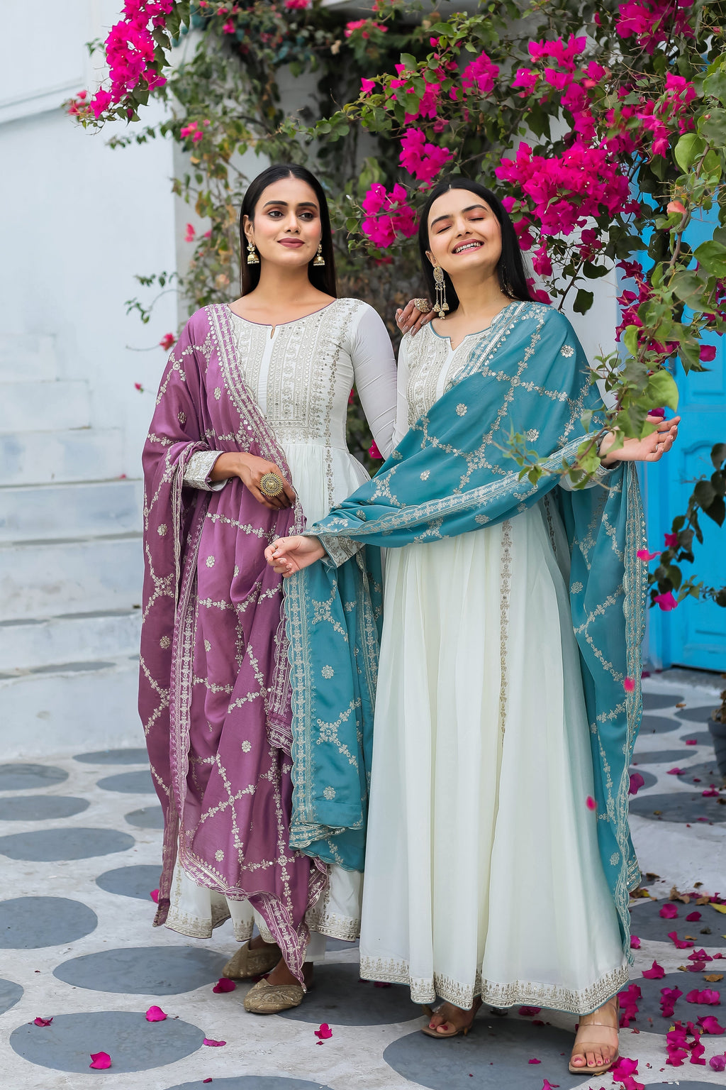 Magnificent Pure Chinon Silk Sequins Embroidered Anarkali Pant Suit - Ethnicwish