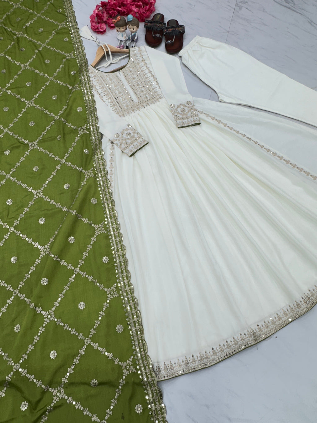 Magnificent Pure Chinon Silk Sequins Embroidered Anarkali Pant Suit - Ethnicwish