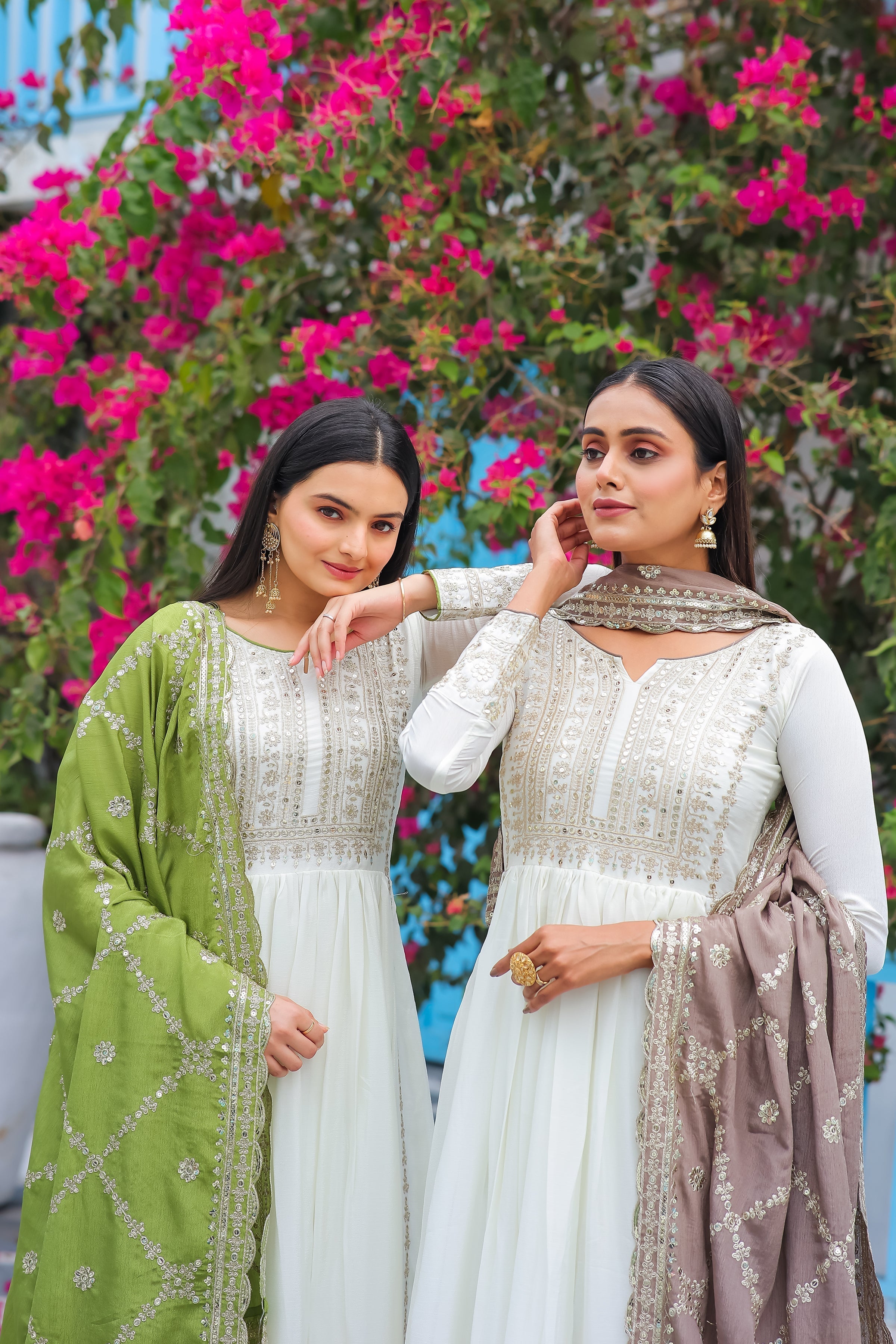 Magnificent Pure Chinon Silk Sequins Embroidered Anarkali Pant Suit - Ethnicwish