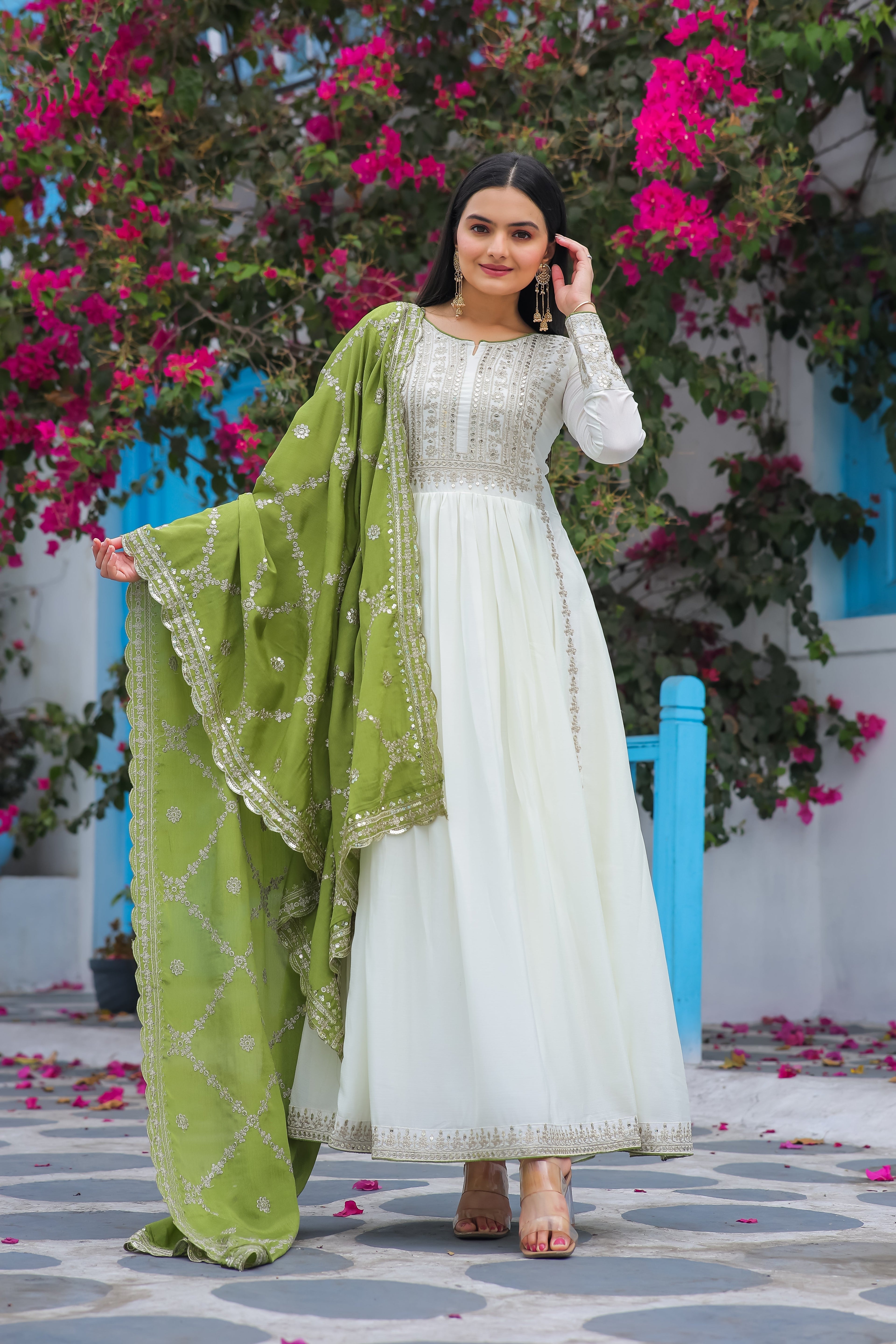 Magnificent Pure Chinon Silk Sequins Embroidered Anarkali Pant Suit - Ethnicwish