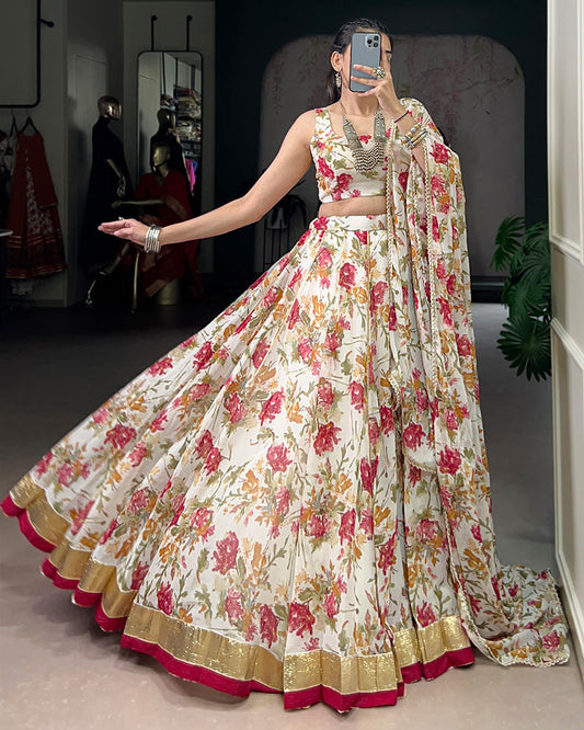Radiant White Color Chiffon Digital Printed Lehenga Choli - ETHNICDEAL