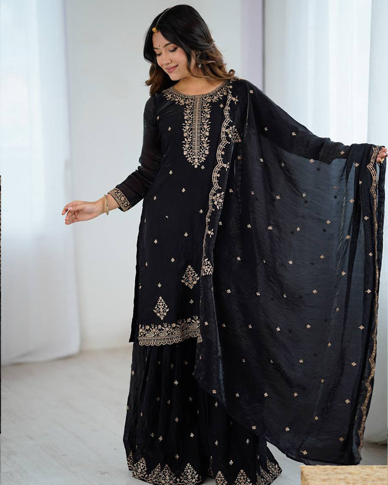 Black Color Crunchy Silk Sharara Suit - ETHNICDEAL