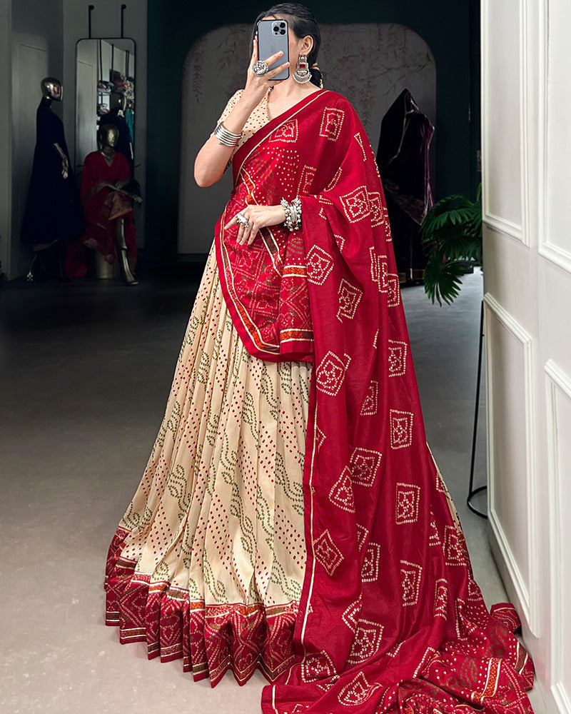 Off White Tussar Silk Bandhej Navratri Lehenga Choli with Designer Blouse - ETHNICDEAL