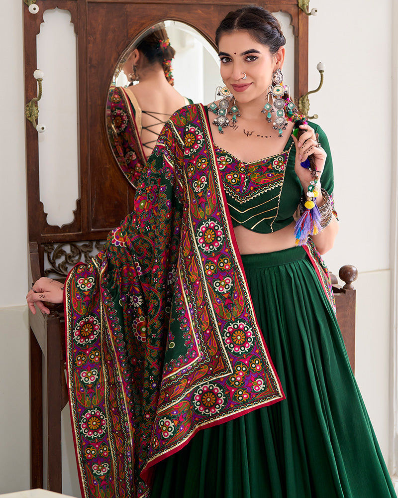 Green Color Tussar Silk Full Stitched Navratri Lehenga Choli - ETHNICDEAL