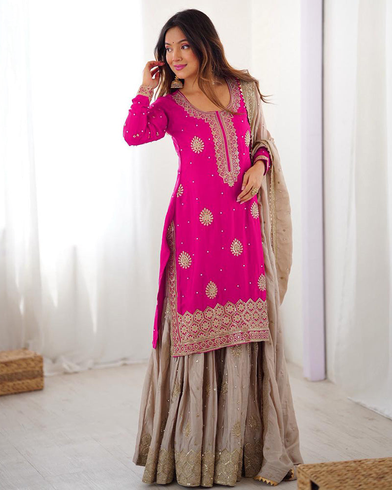 Pink Color Chinon Silk Embroidered Sharara Suit - ETHNICDEAL