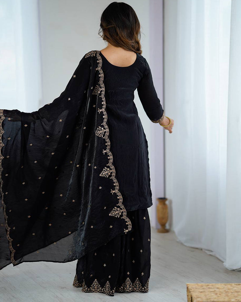 Black Color Crunchy Silk Sharara Suit - ETHNICDEAL