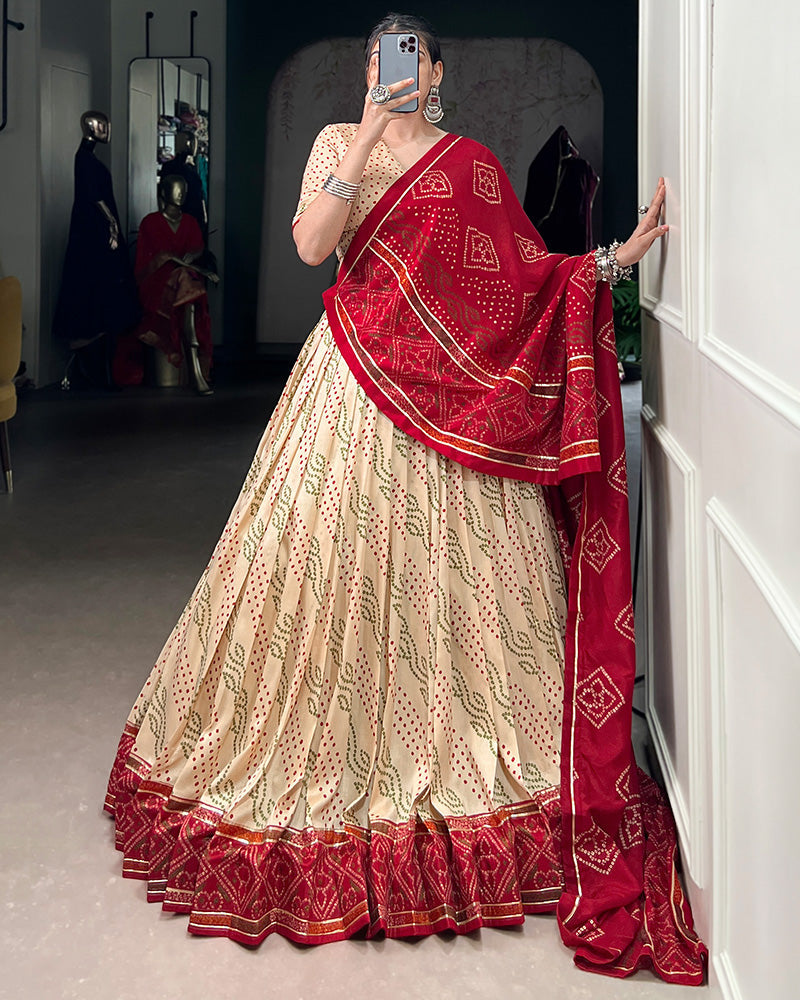 Off White Tussar Silk Bandhej Navratri Lehenga Choli with Designer Blouse - ETHNICDEAL