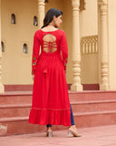 Designer Red Pure Rayon Embroidered Kurti for Navratri Festival - ETHNICDEAL