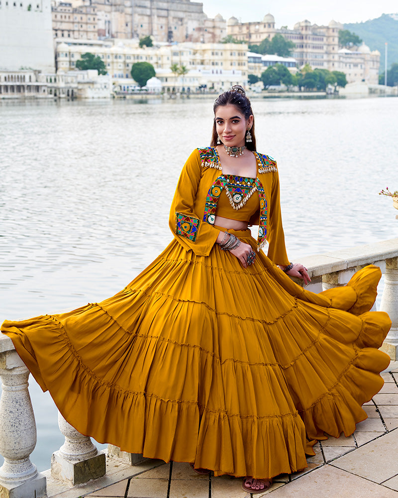 Mustard Rayon Navratri Lehenga Choli – Elegant Traditional Garba & Dandiya Outfit - ETHNICDEAL