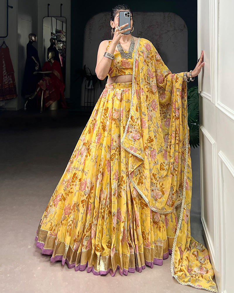 Yellow Color Chiffon Printed Designer Lehenga Choli - ETHNICDEAL