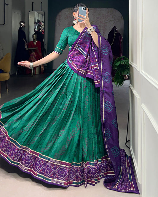 Green Tussar Silk Bandhej Lehenga Choli For Festive Wear - ETHNICDEAL