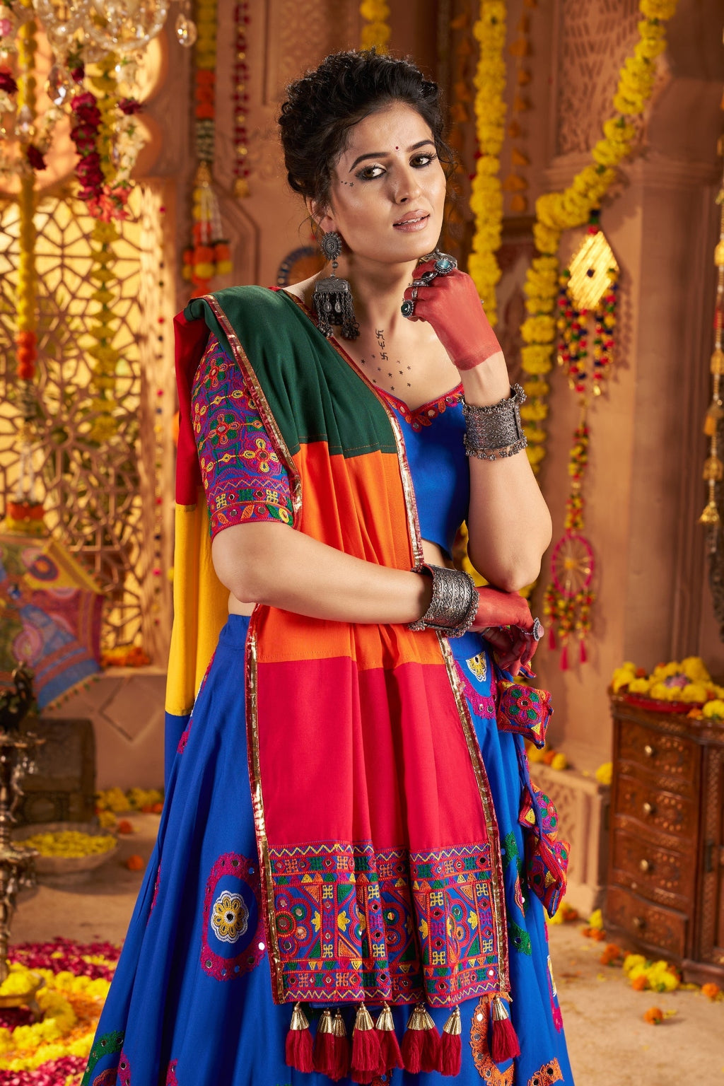 Viscose Cotton Elegant Thread Embroidered With Mirror Work Traditional Navratri Lehenga Choli - ETHNICDEAL