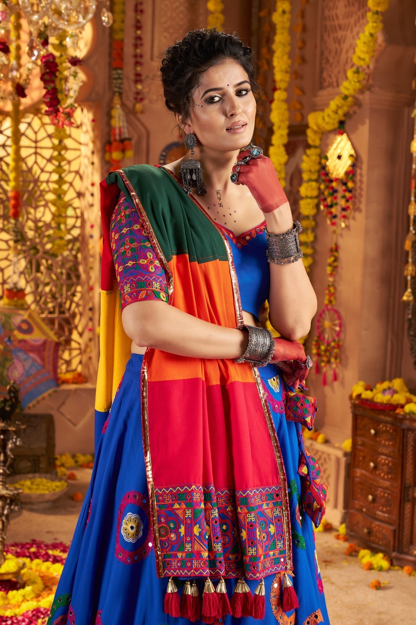 Viscose Cotton Elegant Thread Embroidered With Mirror Work Traditional Navratri Lehenga Choli - ETHNICDEAL