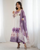 Violet Color Floral Pure Soft Tebby Organza Three Piece Anarkali Suit - ETHNICDEAL