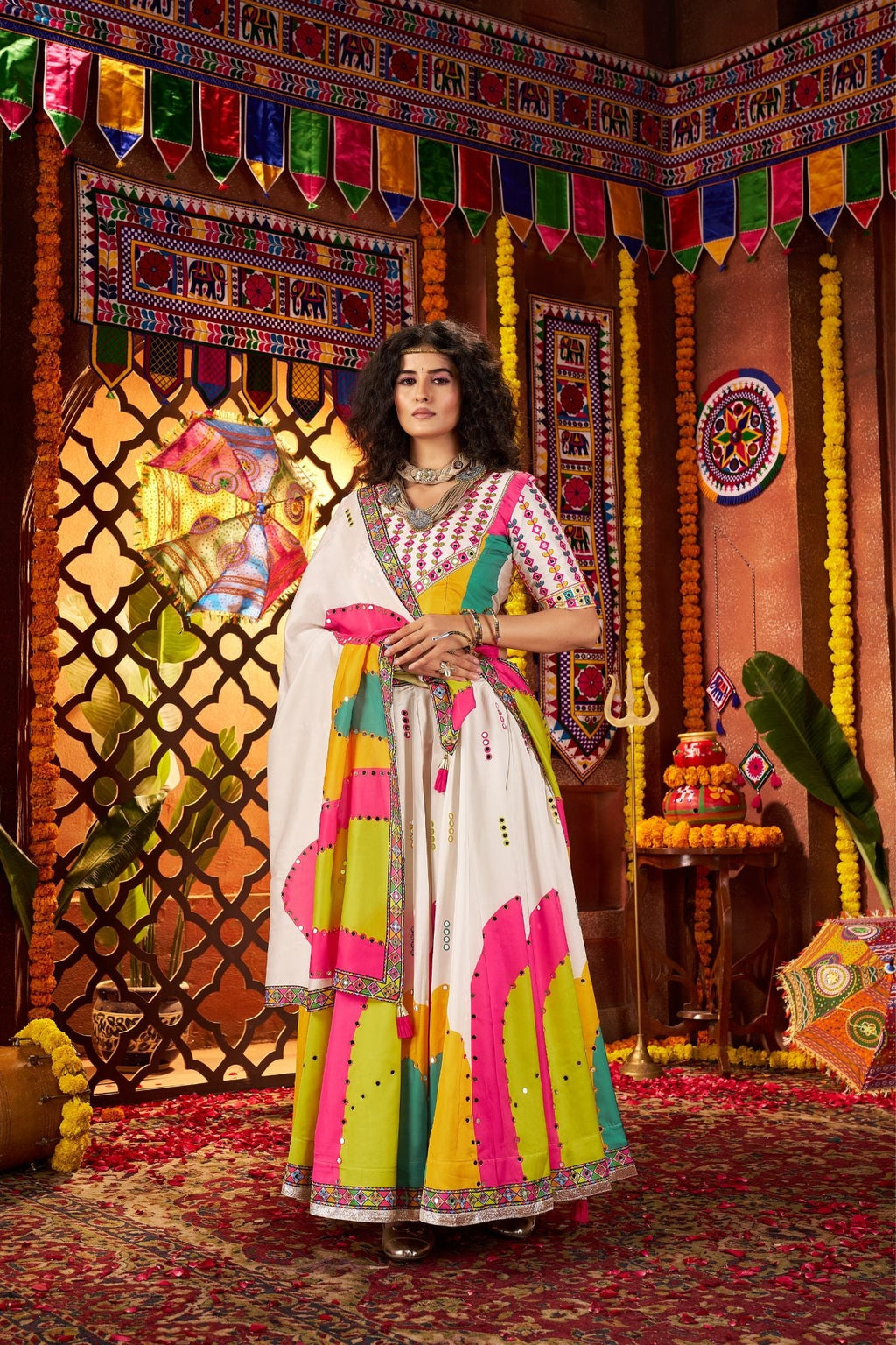 Designer White Lehenga Choli For Navratri With Mirror And Hand Embroidery Work - ETHNICDEAL