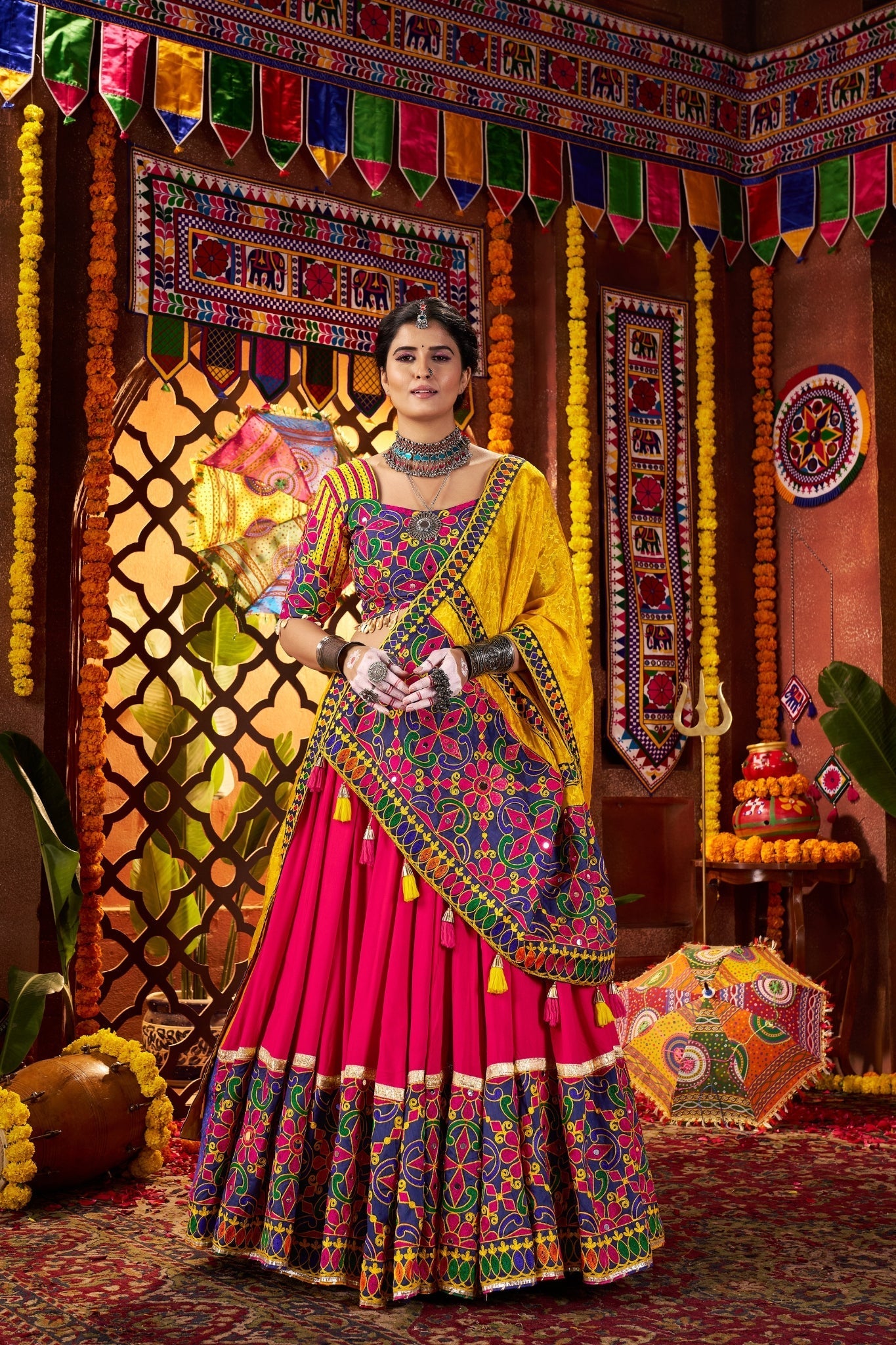 Multi Color Elegant Designer Navratri Stylish Viscose Cotton Lehenga Choli - ETHNICDEAL