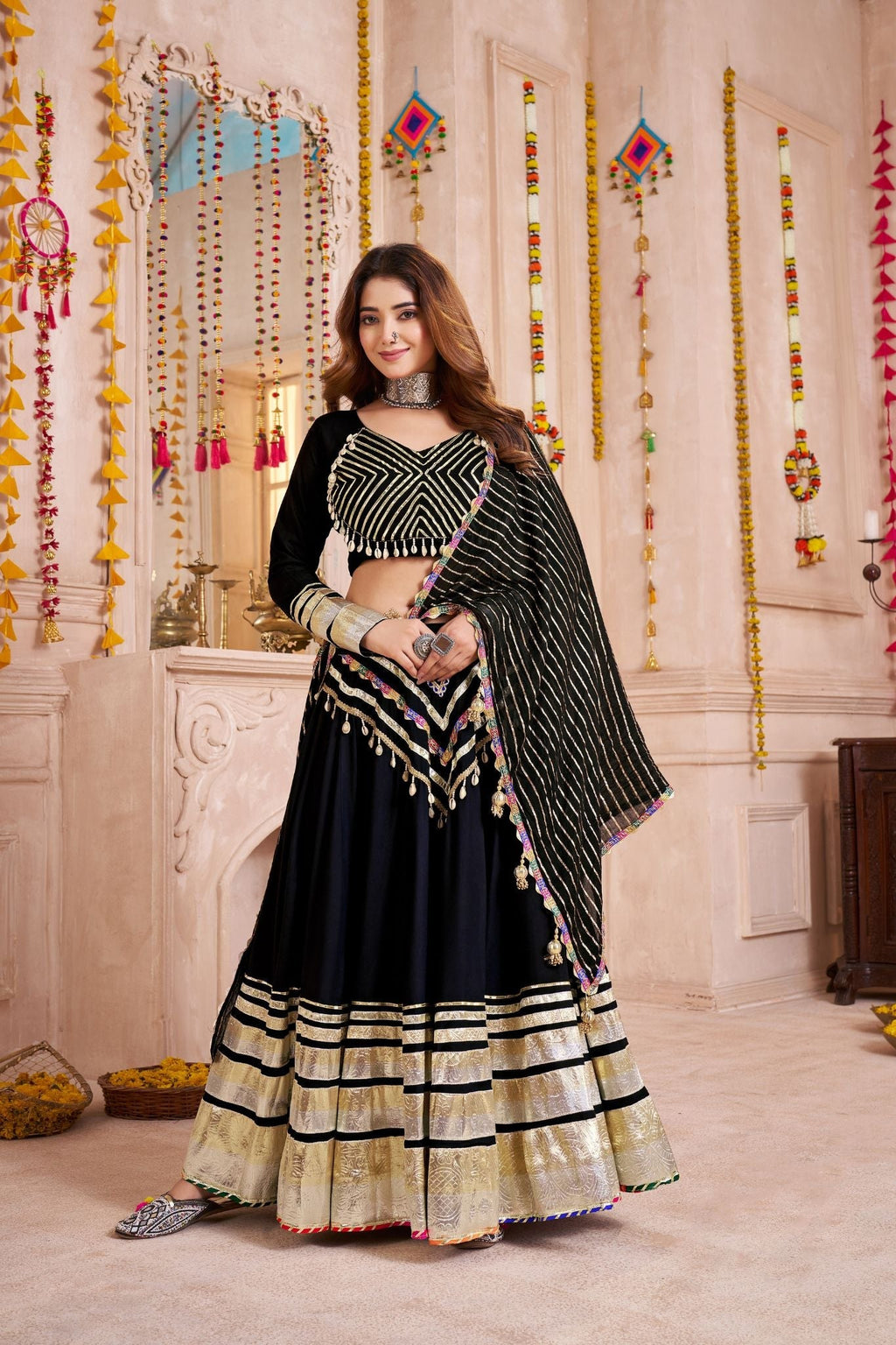Black Handmade Designer Navratri Lehenga Choli With Jacquard Dupatta - ETHNICDEAL