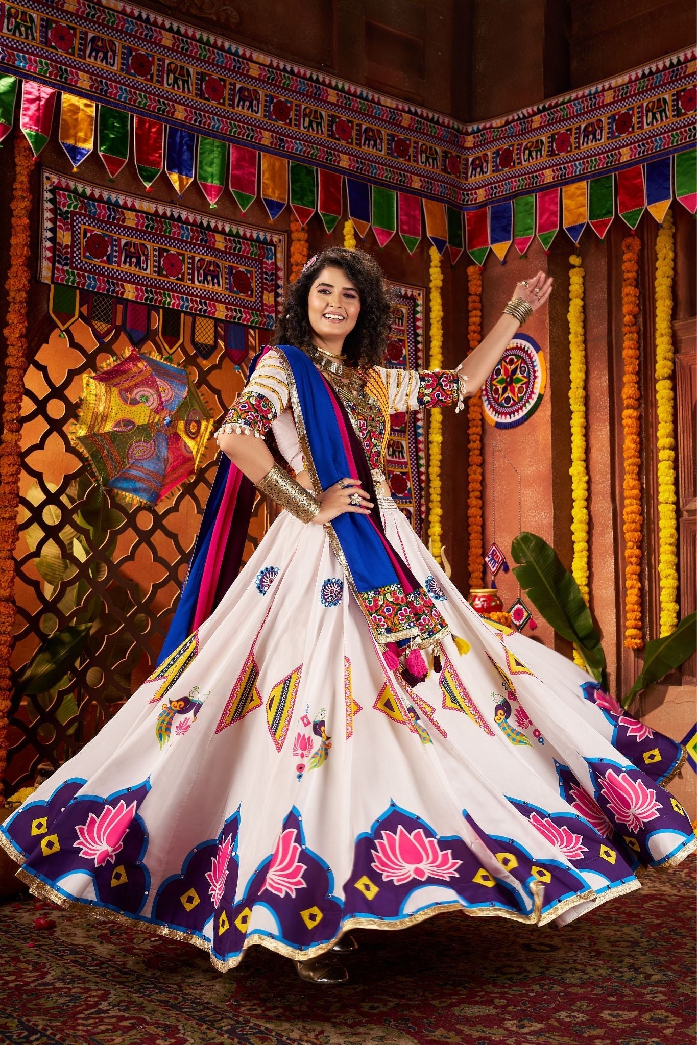 Designer White Navratri Lehenga Choli With Mirror And Hand Embroidery Work - ETHNICDEAL