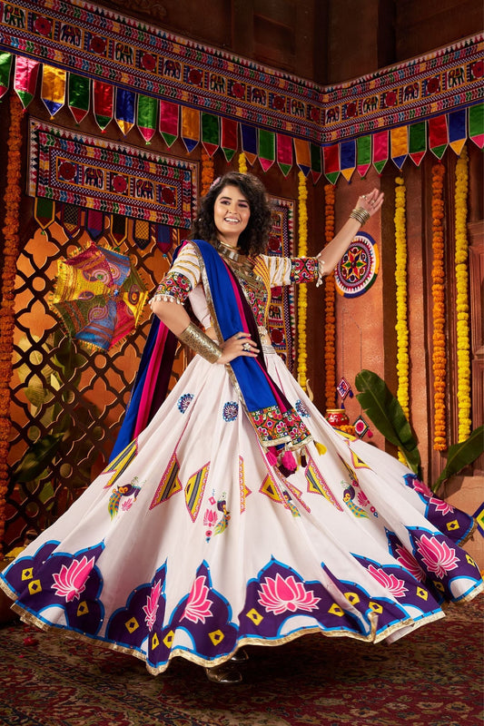 Designer White Navratri Lehenga Choli With Mirror And Hand Embroidery Work - ETHNICDEAL