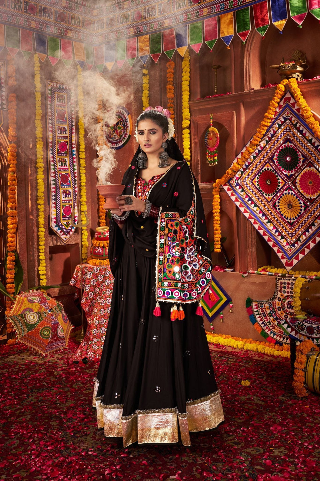 Black Thread With Mirror Hand Work Viscose Cotton Navratri Lehenga Choli - ETHNICDEAL