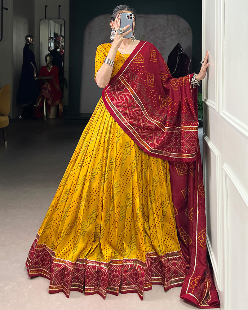 Yellow Tussar Silk Bandhej Lehenga Choli for Navratri Festival Wear - ETHNICDEAL