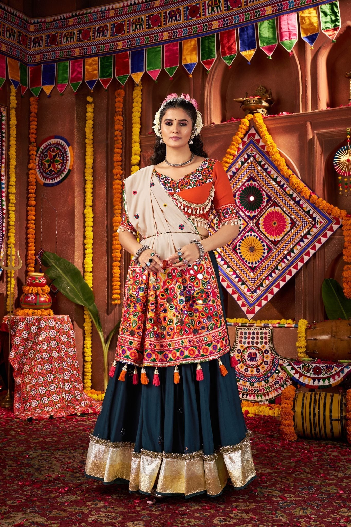 Teal Blue Designer Festive Lehenga Choli In Viscose Cotton And Perfect For Dandiya Nights - ETHNICDEAL