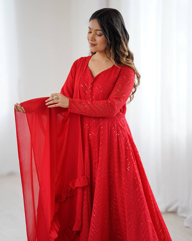 Red Color Georgette Lucknowi Three Piece Anarkali Suit - ETHNICDEAL
