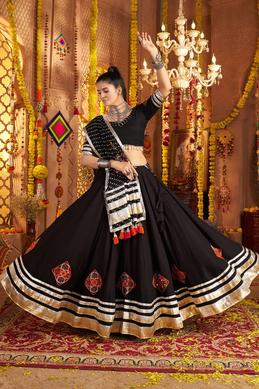 Navratri crafted Designer Viscose Rayon Tread Embroidered With Mirror Work Black Readymade Lehenga Choli - ETHNICDEAL
