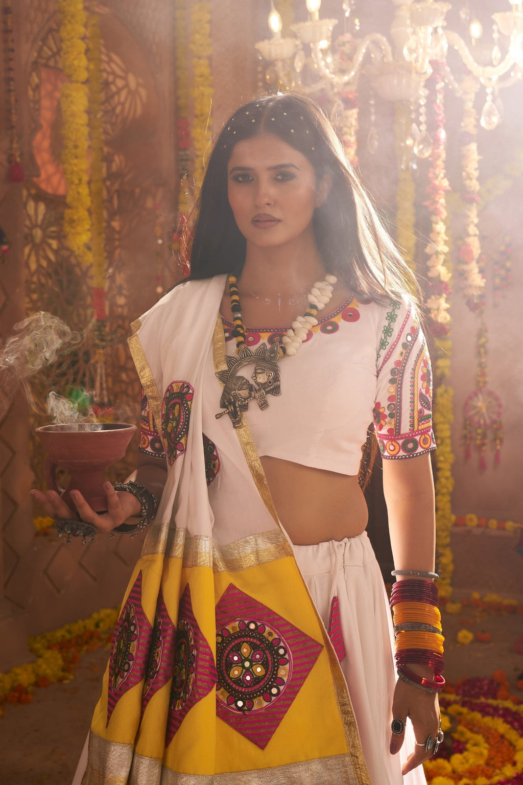 White Vibrant Spirit Navratri Designer Beautiful Lehenga Choli Set - ETHNICDEAL