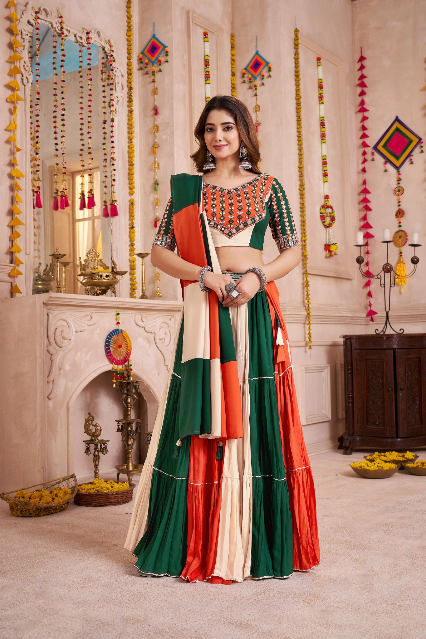 Multi Color Frill And Flair Concept Designer Navratri Lehenga Choli - ETHNICDEAL