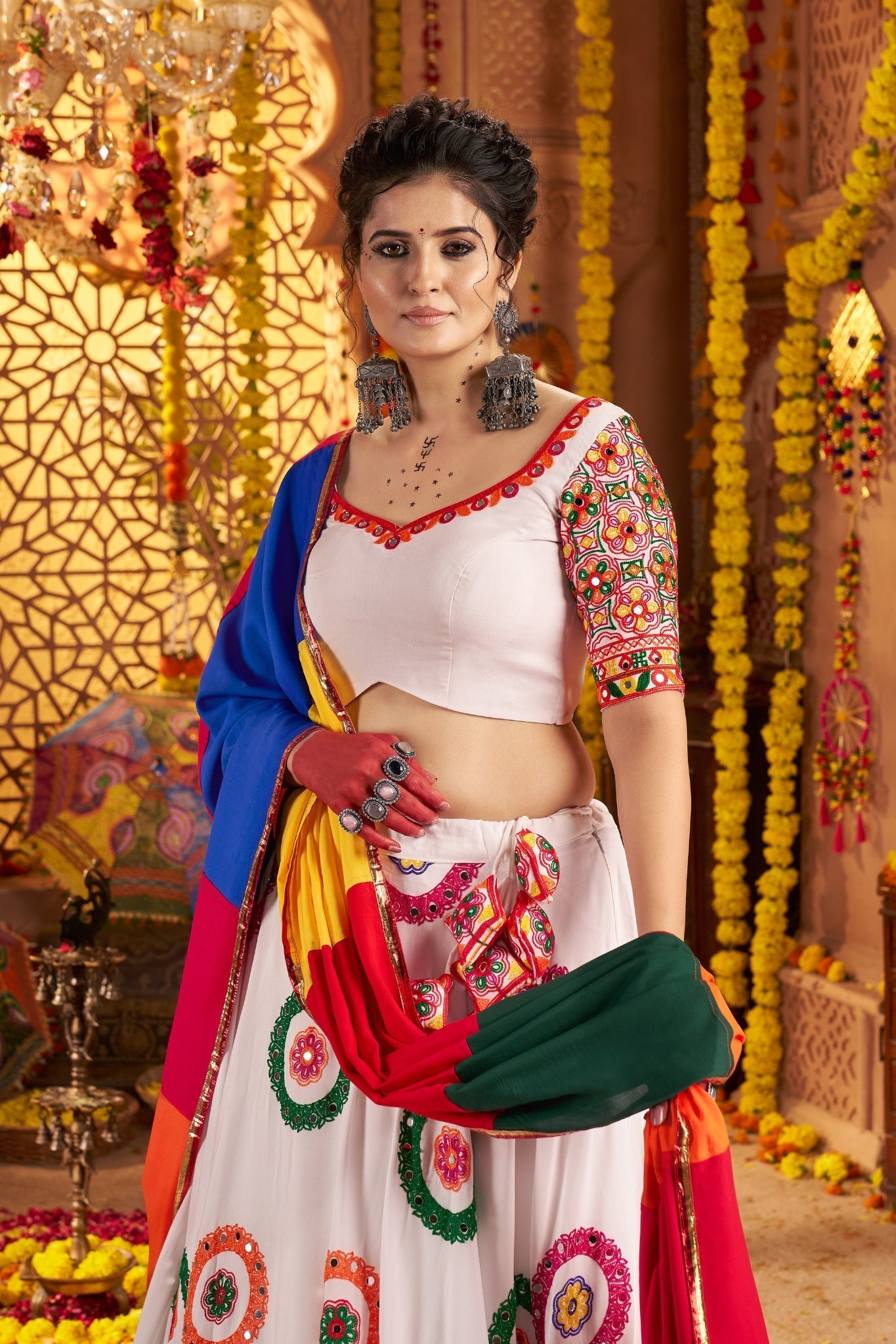 Viscose Cotton Elegant Thread Embroidered With Mirror Work Traditional Navratri Lehenga Choli - ETHNICDEAL