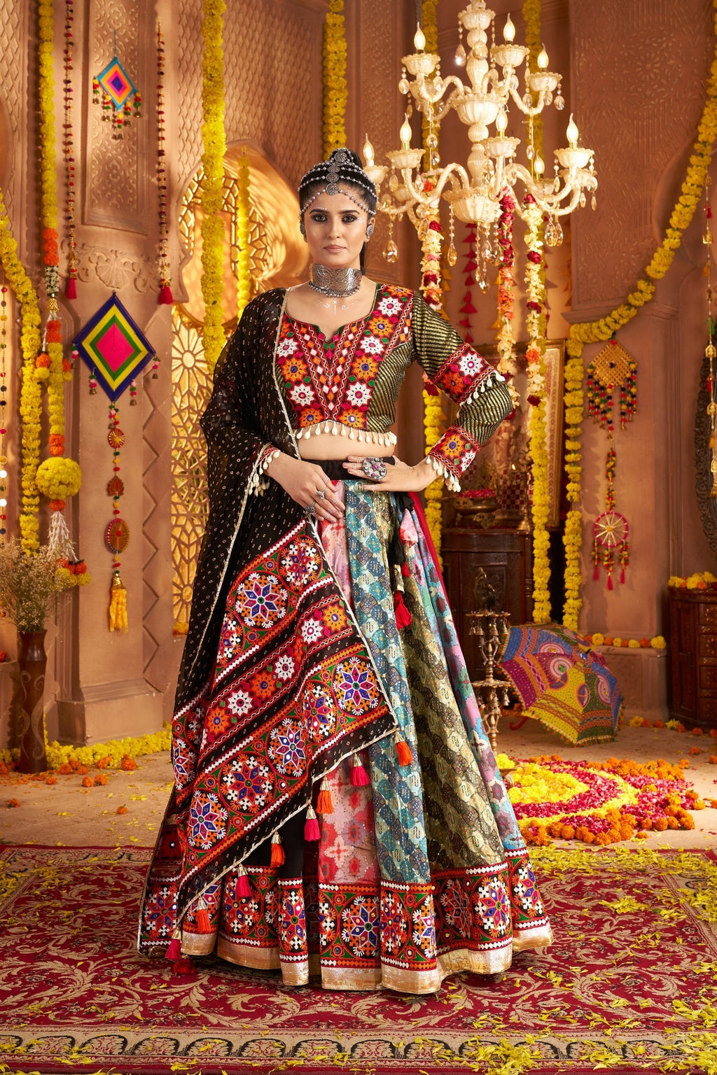 Navratri Designer Viscose Rayon Stylish Thread Embroidered With Mirror Work Festive Lehenga Choli - ETHNICDEAL