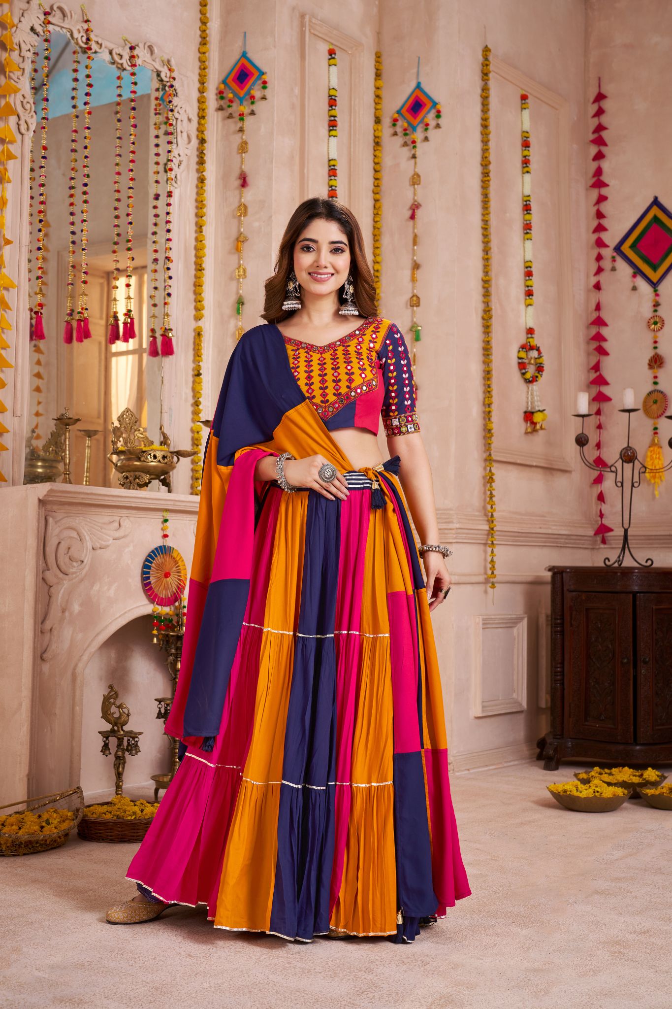 Beautiful Colorful Crafted Viscose Cotton Graceful Twirl Navratri Lehenga Choli - ETHNICDEAL
