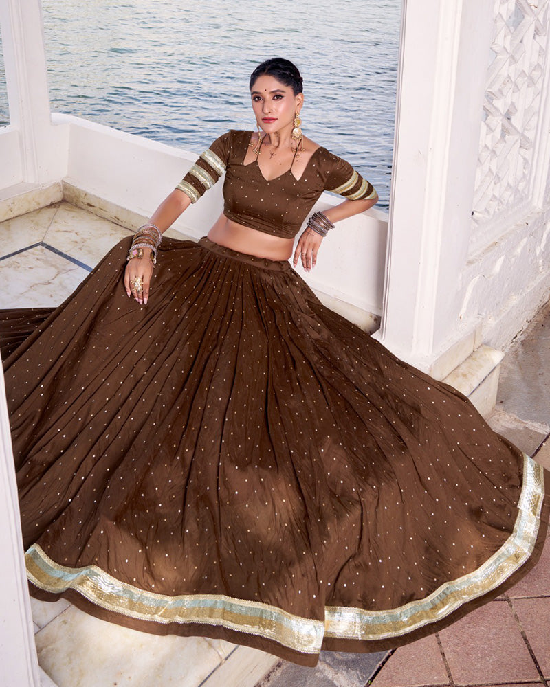Festive Brown Pure Chanderi Lehenga Choli for Garba and Navratri - ETHNICDEAL