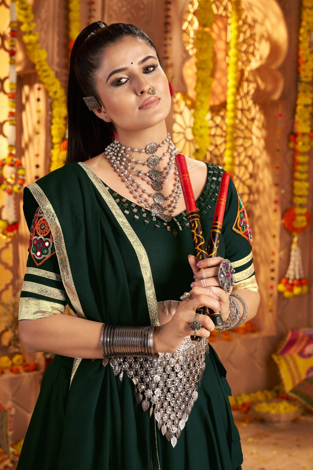 Green Thread Embroidered With Hand Mirror Work Navratri Festive Readymade Lehenga Choli - ETHNICDEAL