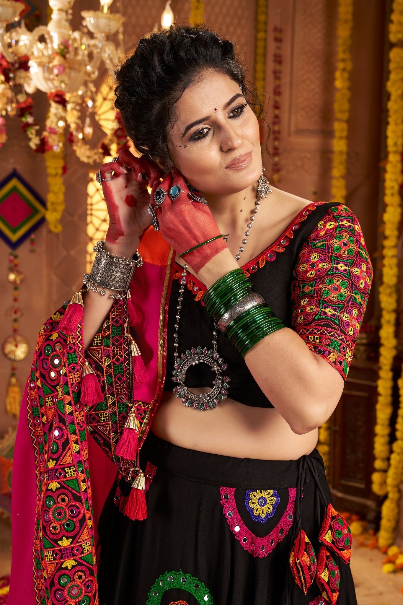 Viscose Cotton Elegant Thread Embroidered With Mirror Work Traditional Navratri Lehenga Choli - ETHNICDEAL