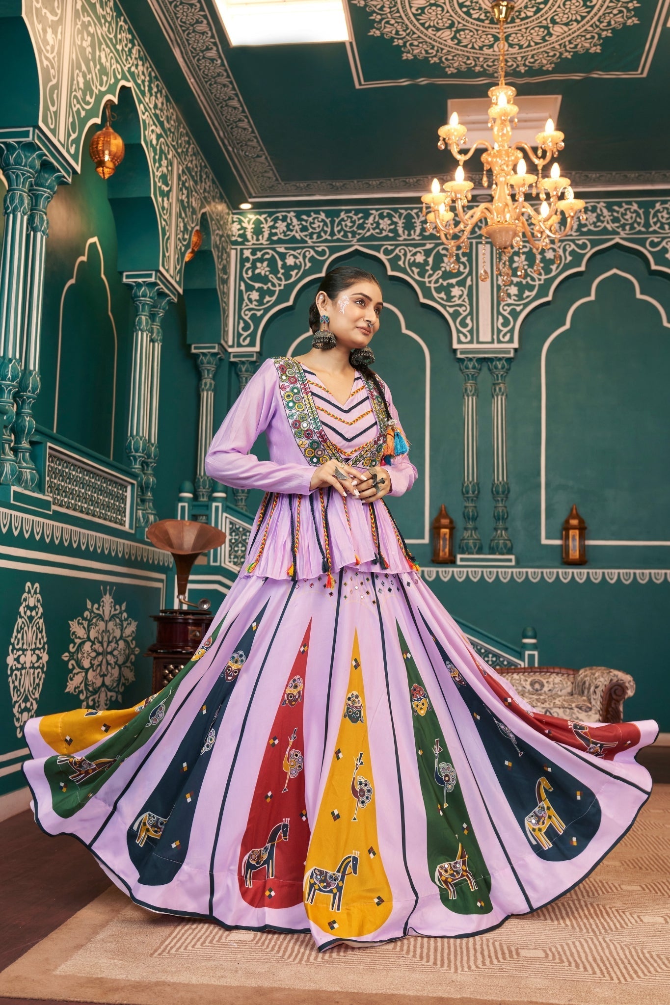 Lavender Embroidered With Mirror Work Designer Navratri Readymade Lehenga Choli - ETHNICDEAL