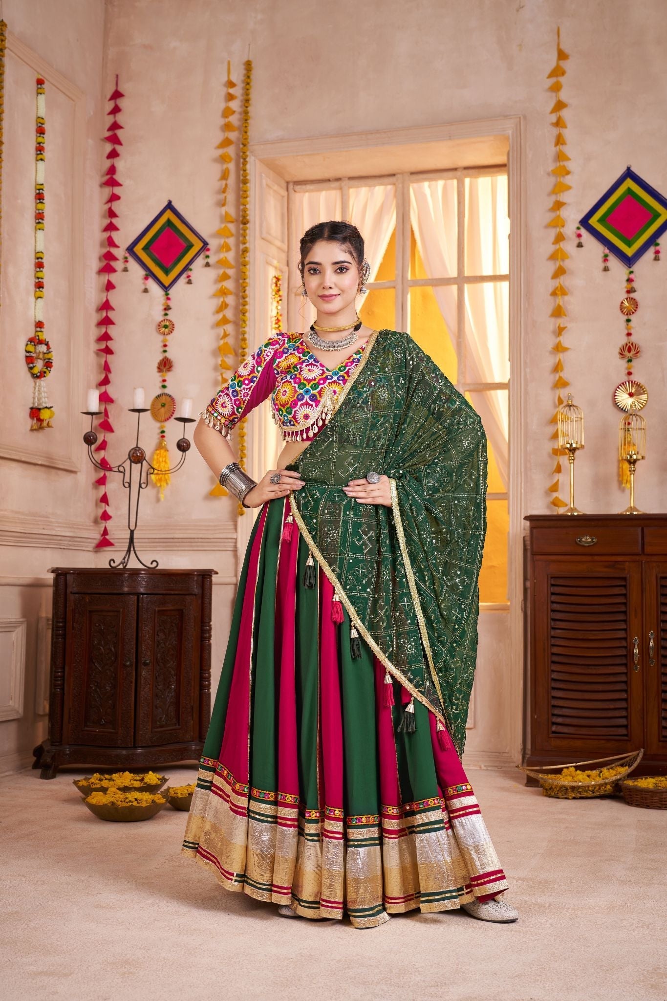 Multi Color Viscose Cotton Traditional Designer Navratri Lehenga Choli - ETHNICDEAL