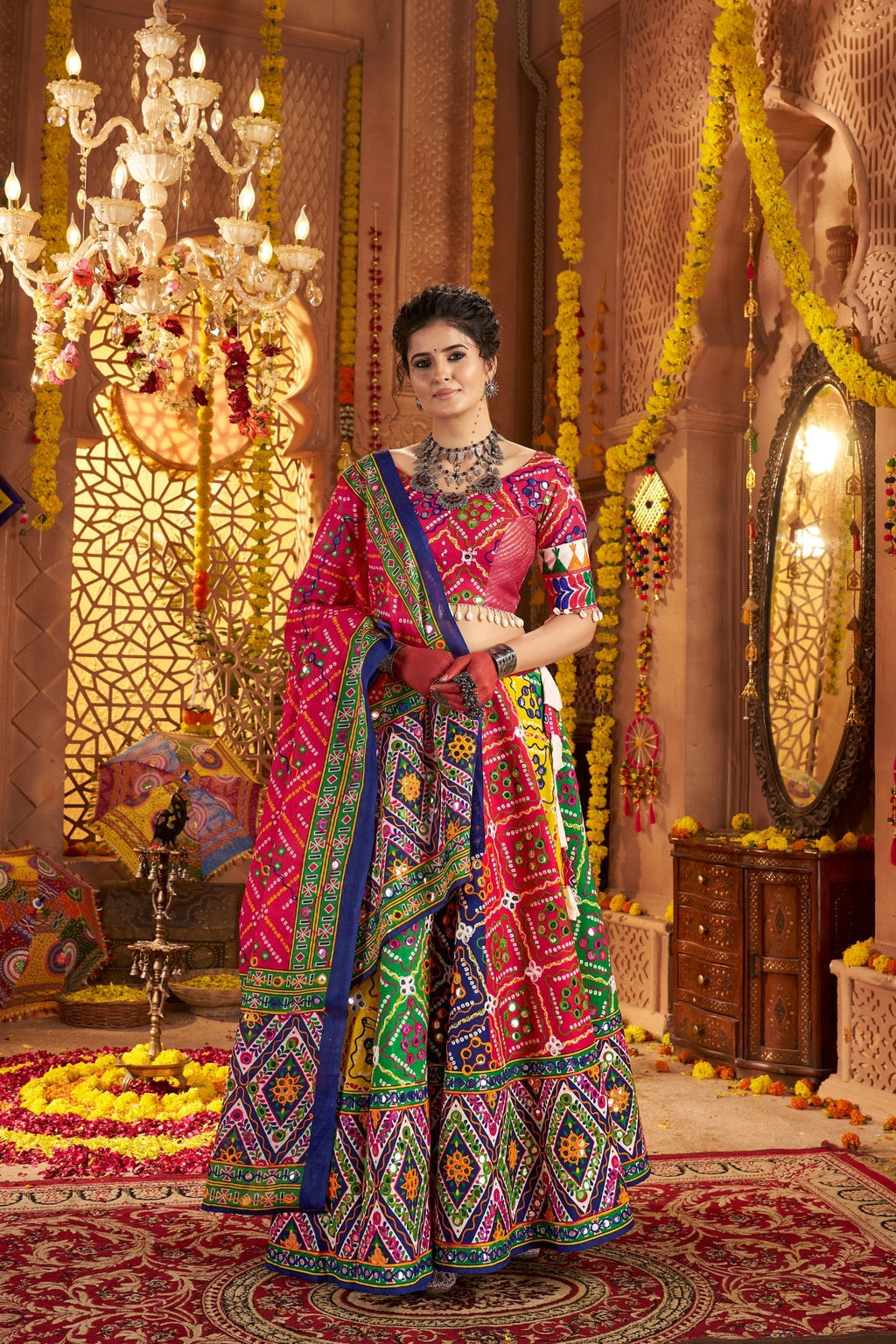 Multi Color Beautiful Organic Cotton Navratri Special Designer Lehenga Choli Set - ETHNICDEAL