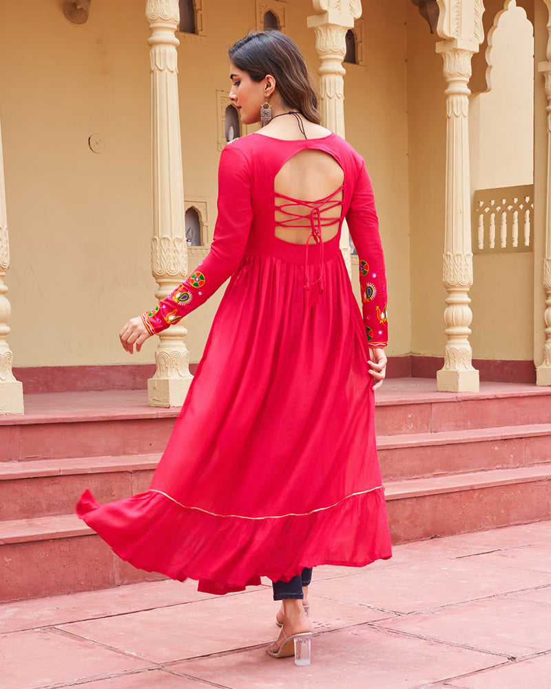 Designer Red Pure Rayon Embroidered Kurti for Navratri Festival - ETHNICDEAL