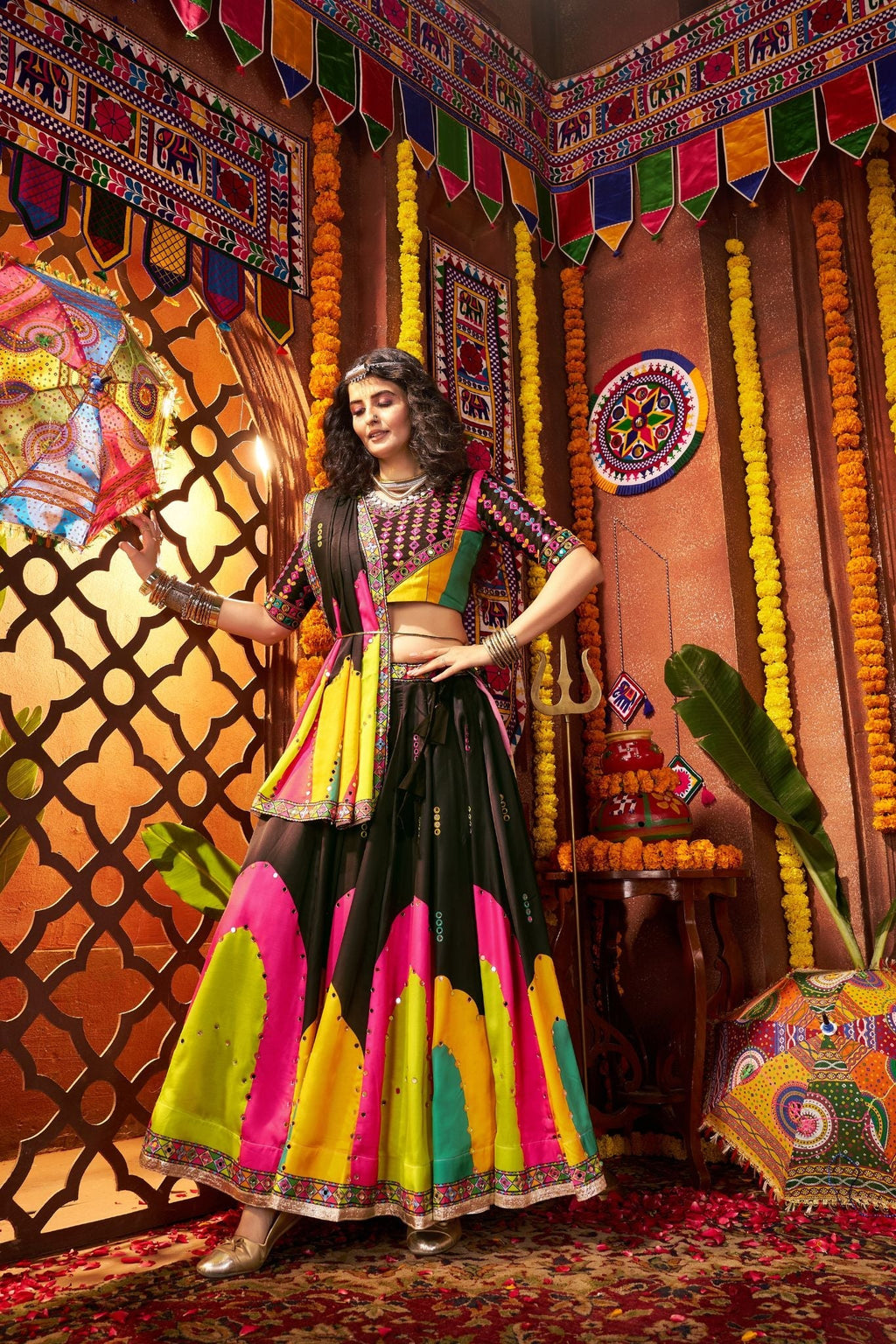 Designer Black Navratri Lehenga Choli Print With Mirror And Embroidery Work - ETHNICDEAL