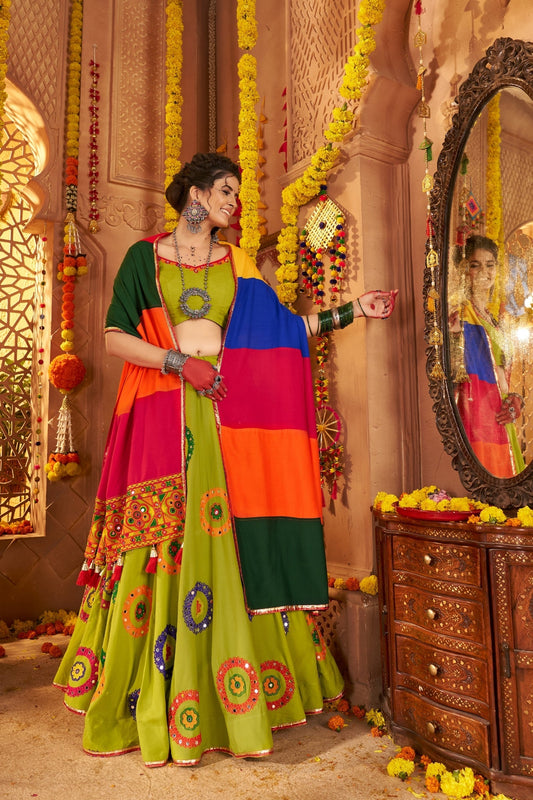 Viscose Cotton Elegant Thread Embroidered With Mirror Work Traditional Navratri Lehenga Choli - ETHNICDEAL