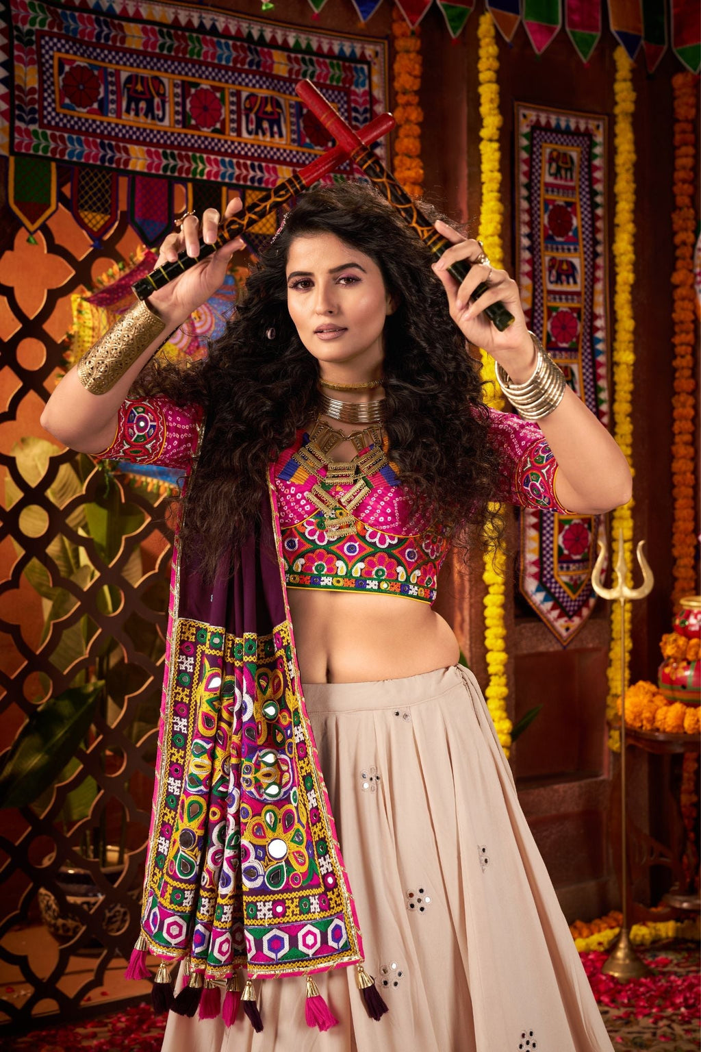 Navratri Special Kutchi Mirror Work Beige Lehenga Choli In Viscose Cotton - ETHNICDEAL